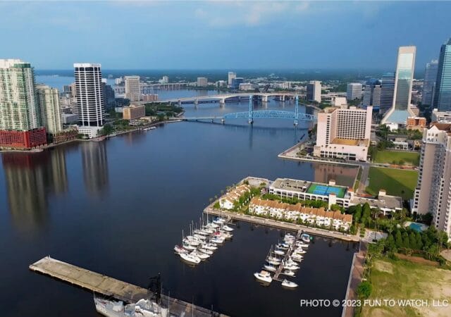 downtown jacksonville city skyline drone photo